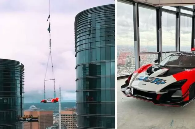 Bolid de 3 milioane de dolari, ridicat cu macaraua la etajul 57, într-un penthouse de 39 de milioane de dolari din Melbourne: „Piesa centrală a apartamentului”