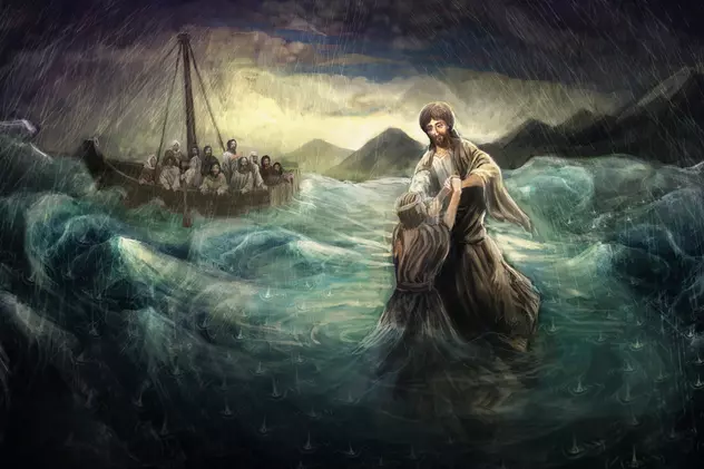 Minunile înfăptuite de Iisus Hristos - Imagine cu o pictură care reproduce momentul în care Apostolul Petru este salvat din apă de Iisus Hristos