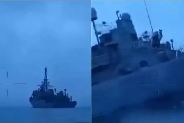 Imagini publicate de ucraineni, cu ceea ce Moscova a numit „o tentativă nereușită”. Cum a fost atacată cu drone o navă rusească, în Marea Neagră