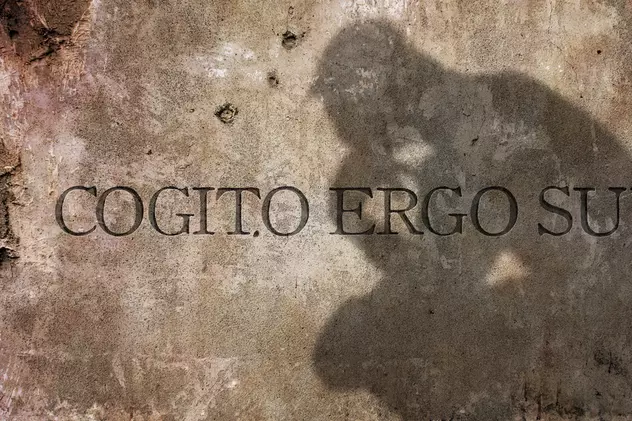 De unde provine expresia „Cogito, ergo sum” și ce semnificație are - Imagine silizată cu un om căzut pe gânduri, peste care este scris "cogito ergo sum".