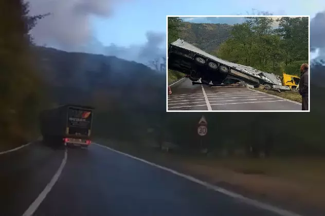 Video cu momentul în care un camion care mergea cu 85 km/h se răstoarnă la Câineni, pe Valea Oltului