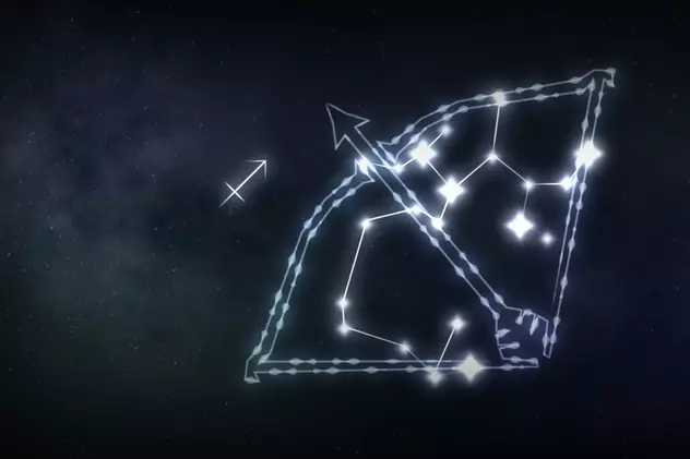 Zodia Săgetător în 2024. Un drum mai simplu spre succes - Imagine cu semnul zodiacal al săgetătorului format din stele unite cu linii strălucitoare, pe un fond negru.
