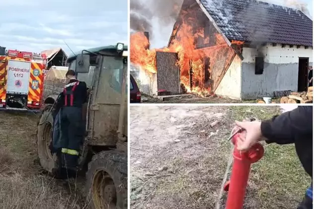 Pompierii n-au avut apă să stingă incendiul care a mistuit o casă din Satu Mare, autospeciala s-a împotmolit și a fost scoasă din noroi de un tractor | VIDEO