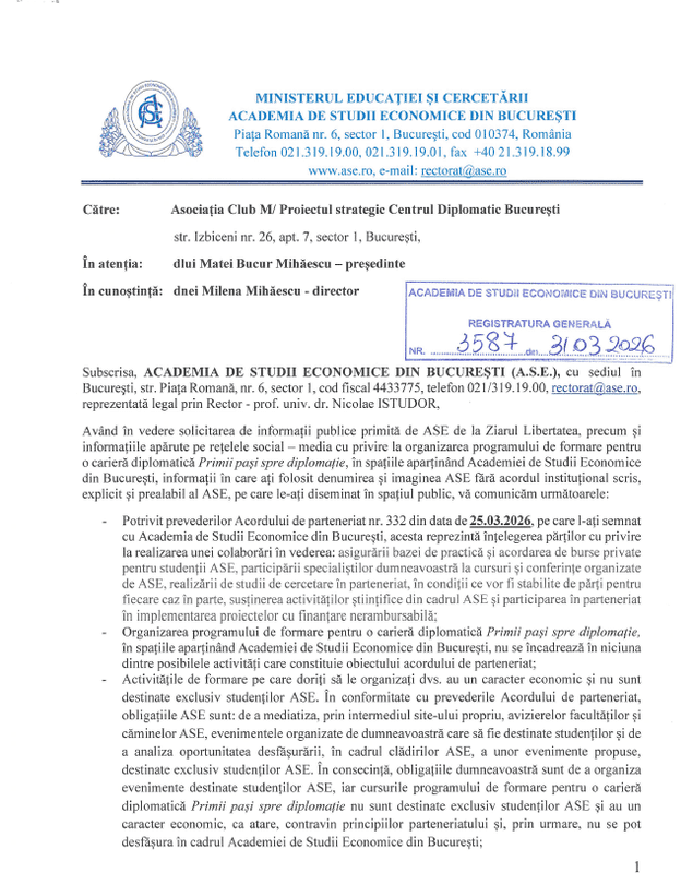 ASE reacționează la faptul că asociația a promovat programul de formare „Primii pași spre diplomație” ca desfășurându-se în spațiile ASE, folosind numele și imaginea instituției fără un acord scris și prealabil.