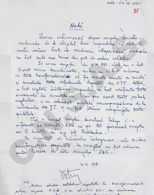 Informările date de sursele Securității pe tema disputei privind defectele transformatoarelor de la fabrica din Filiași