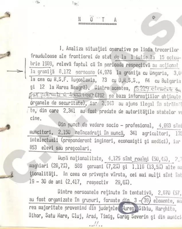 Notă privind centralizarea în țară a tentativelor de trecere frauduloasă a frontierei în perioada iulie - octombrie 1989