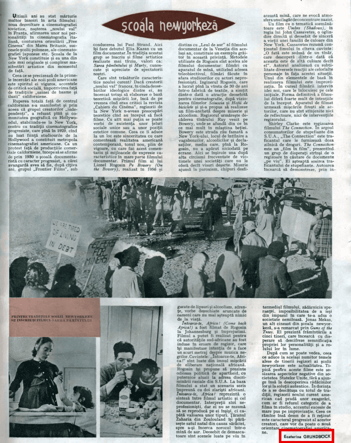 Grundbock Augusta Caterina a semnat în revista Cinema cu numele Ecaterina Grundbock