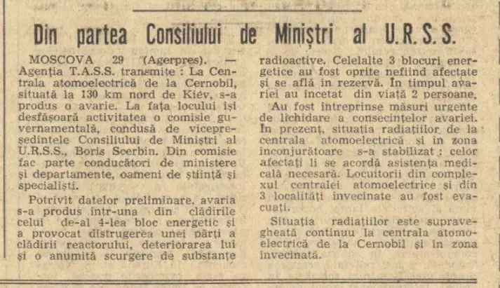 Stirea din ziarul Scinteia despre accidentul nuclear de la Cernobil, din 30 aprilie 1986, gazduita in pagina 6.