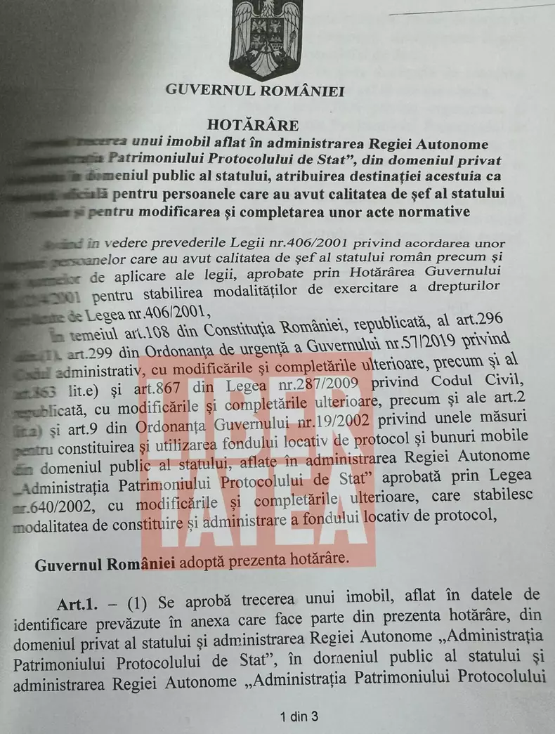 Hotărârea de Guvern semnată în iulie 2022 de fostul premier Nicolae Ciucă în care apare scris că Vila din Aviatorilor se renovează pentru foștii președinți