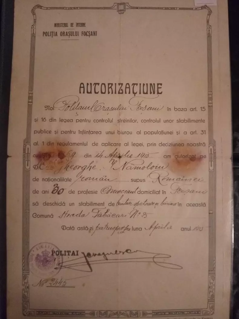 7. Document emis la 1915 de Politistul Orasului Focșani. Fără acest act nu se putea deschide nici o afacere