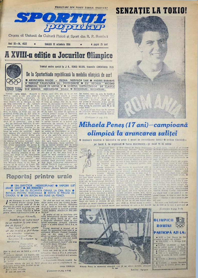 Ziarul Sportul Popular din 17 octombrie 1964 din timpul Olimpiadei de la Tokyo. Mihaela Peneș, care avea 17 ani, a devenit campioană olimpică la aruncarea suliței