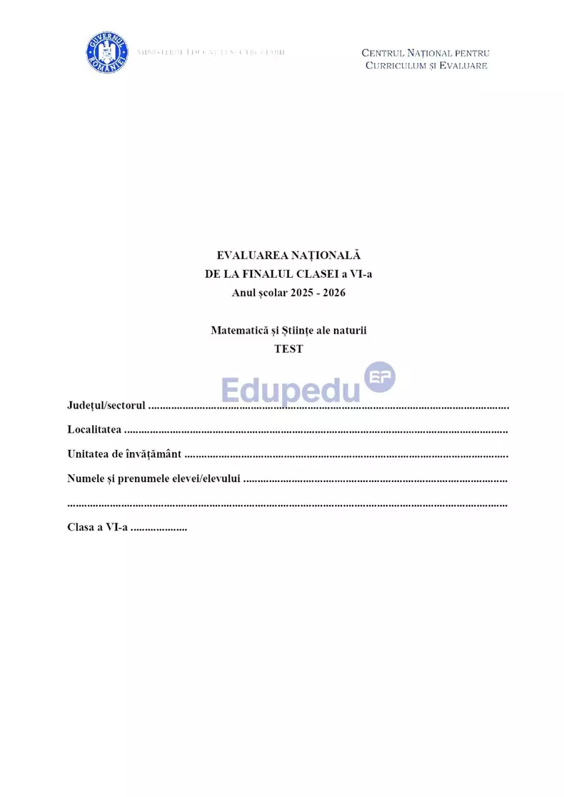 Subiecte Evaluare Națională 2026 clasa a VI-a