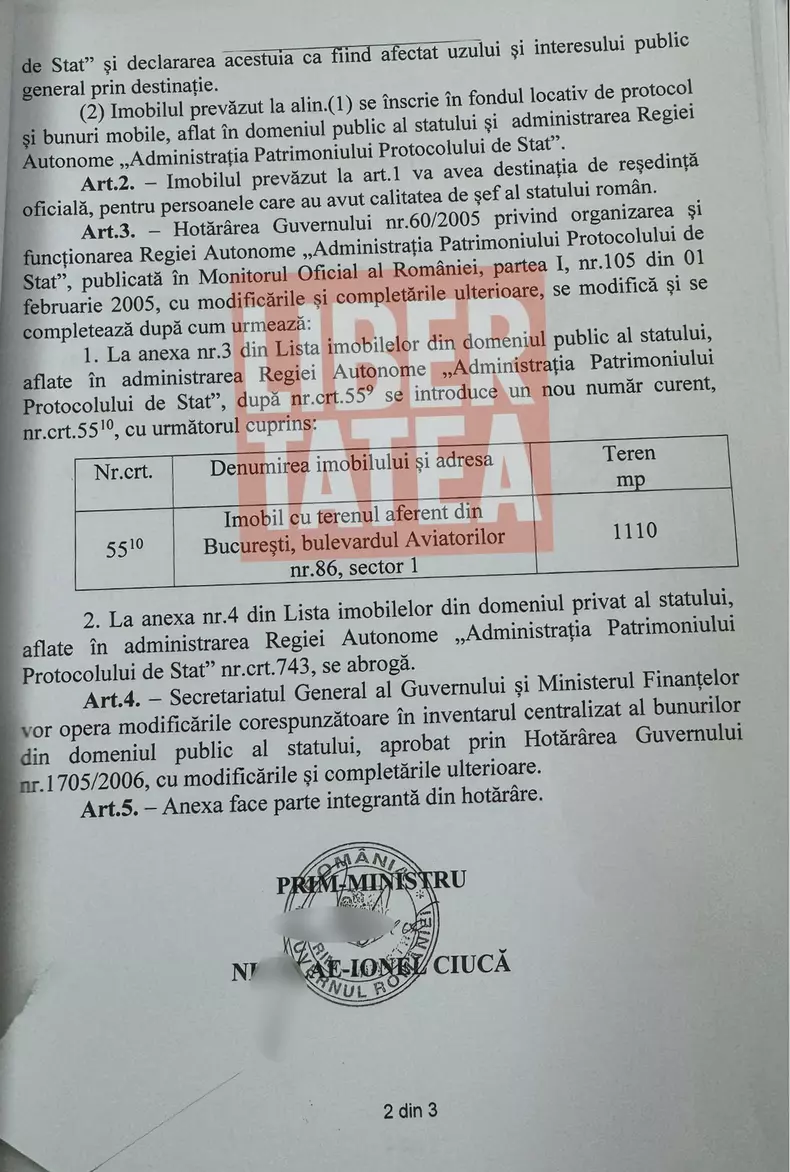 Hotărârea de Guvern semnată în iulie 2022 de fostul premier Nicolae Ciucă în care apare scris că Vila din Aviatorilor se renovează pentru foștii președinți