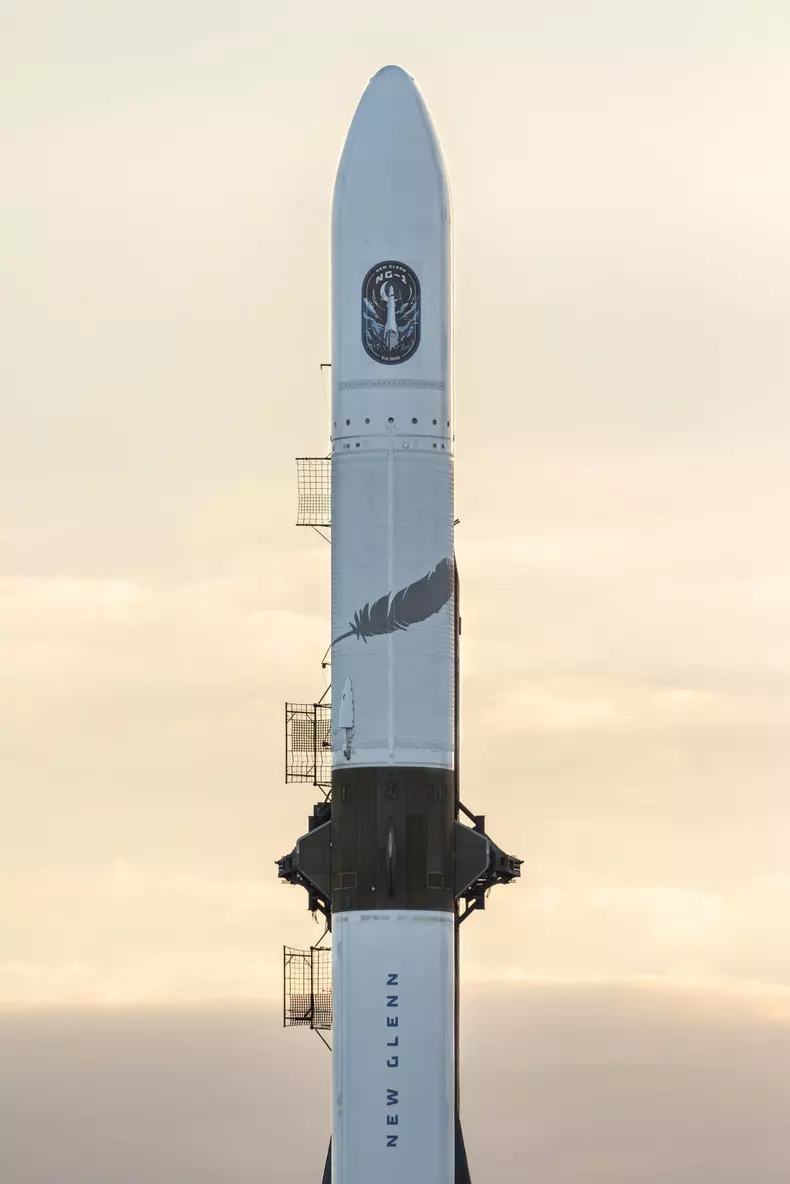 January 10, 2025: Blue Origin's New Glenn rocket is seen at sunset ahead of its maiden launch. Credit: Brandon J. Moser/Central Florida Public Media