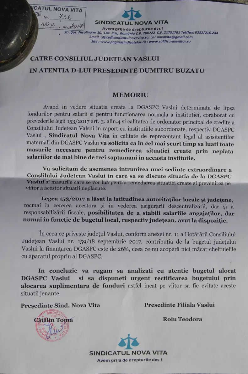 memoriu inaintat la CJ Vaslui de asistentii maternali