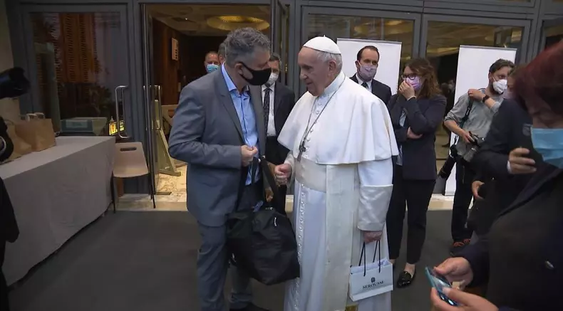 Pope Francis with director Evgeny Afineevsky at the Vatican