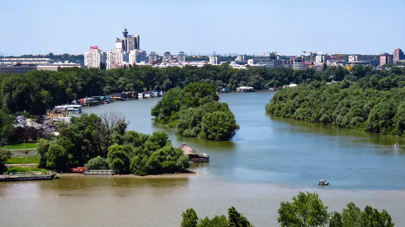 The confluence of the Sava river into the Danube river. Belgrade, Serbia.