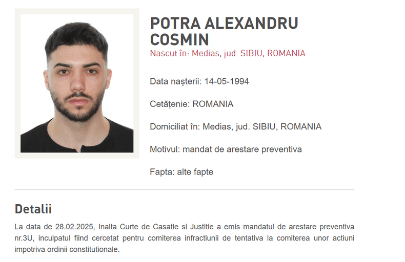 Alexandru Cosmin Potra, dat în urmărire internațională
