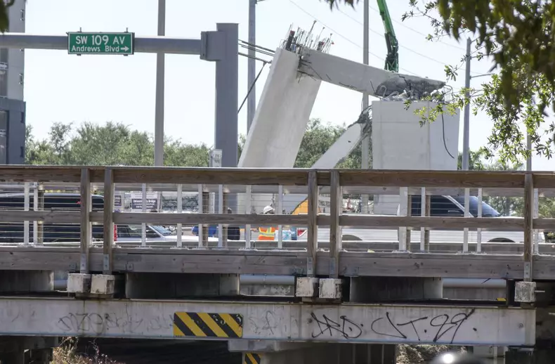A pedestrian bridge collapses crushing vehicles underneath in Miami o