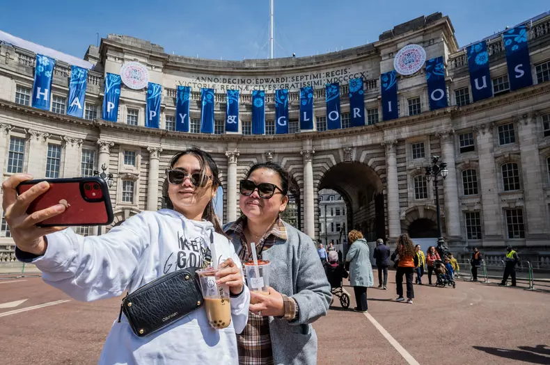 Happy and Glorious message in preparation for the Coronation., The Mall, London, UK - 03 May 2023