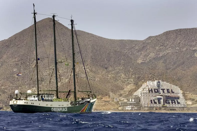 Greenpeace flag ship 'Rainbow Warrior' is seen anchored at Algarrobico beach in Almeria