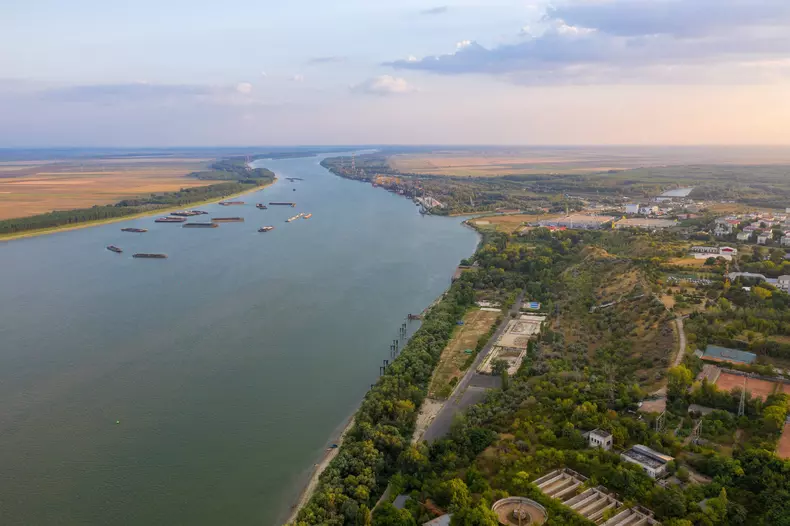 Aerial view of Galati City, Romania. Danube River near city with