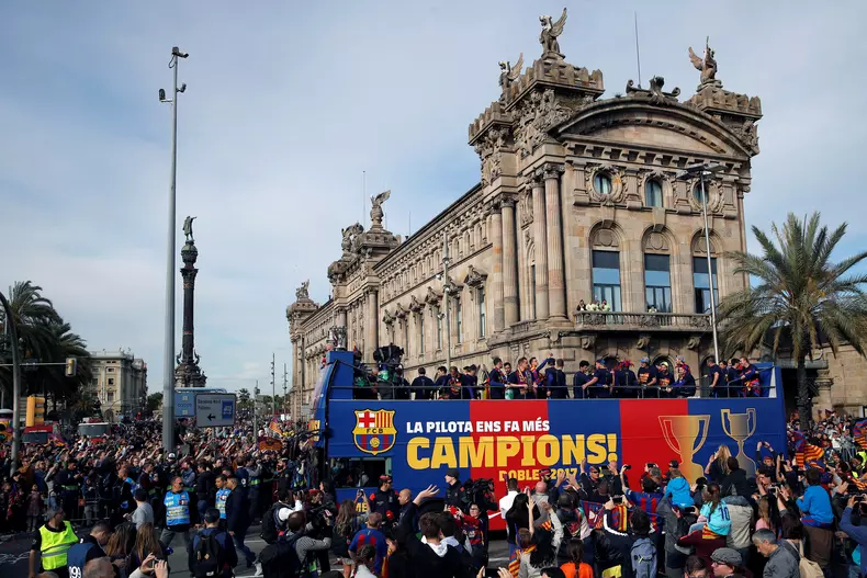 FC Barcelona's players greet supporters after Primera Division Championship victory