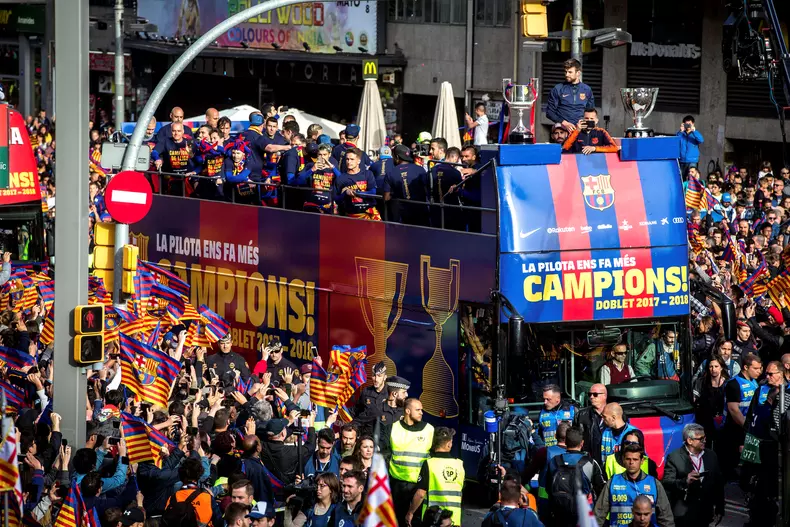 FC Barcelona's players greet supporters after Primera Division Championship victory
