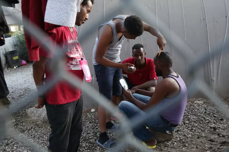 Refugees and migrants at Moria camp on Lesvos island
