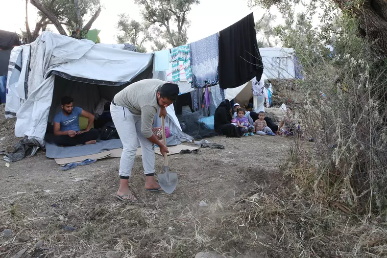 Refugees and migrants at Moria camp on Lesvos island