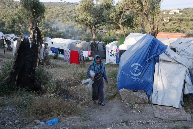 Refugees and migrants at Moria camp on Lesvos island