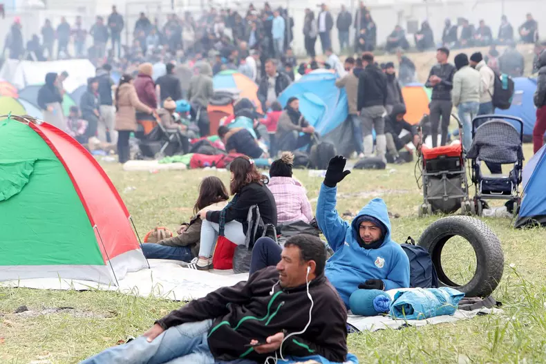 Migrants and refugees remain protesting in a makesift camp in Diavata, north Greece