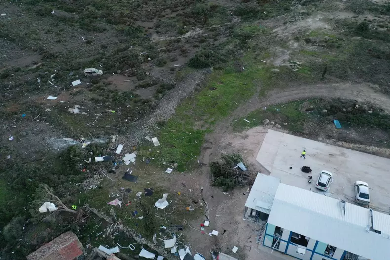 Aerial views showing damage caused by tornado in Izmir