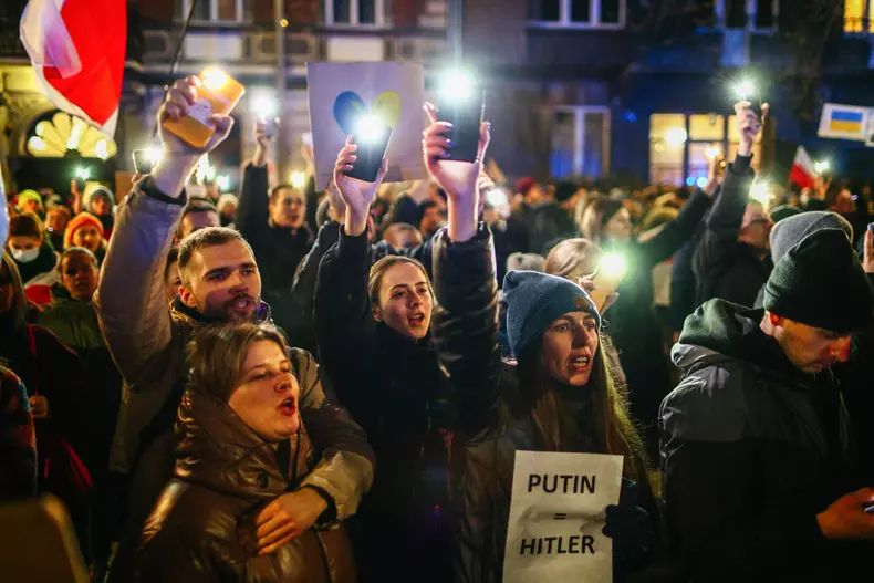 Members of the Ukrainian community protest in Cracow, Poland - 24 Feb 2022