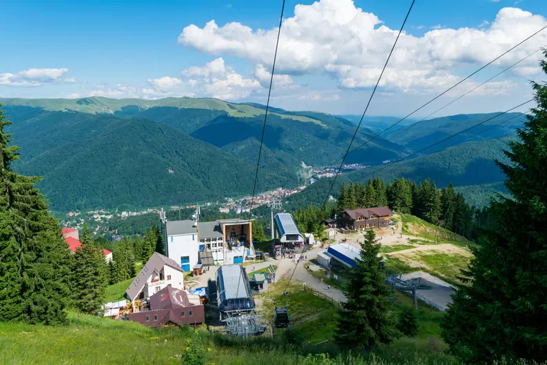 Sinaia, Prahova, Romania - June 29, 2019: View of the cable car gondola base station in Sinaia at 1400m altitude