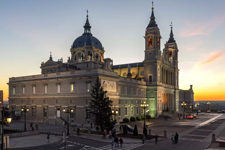 Sunset view of Almudena Cathedral in City of Madrid