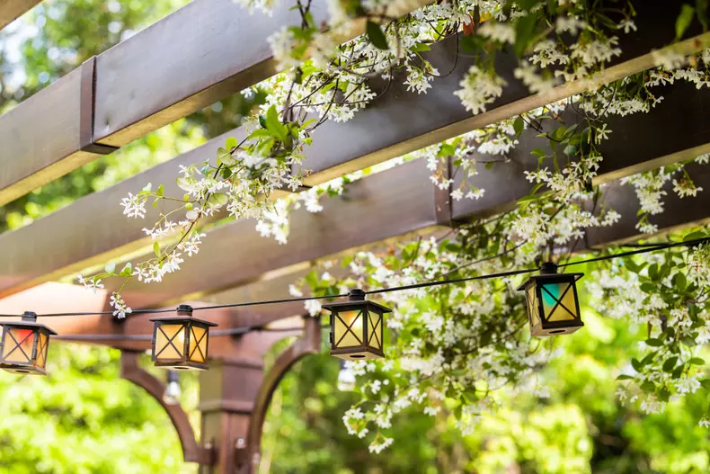 Patio,Outdoor,Spring,Garden,In,Backyard,Of,Home,With,Lantern