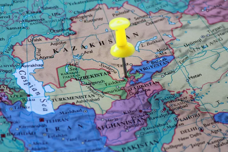 A,Yellow,Pin,On,Uzbekistan,Of,The,World,Map,,Travel