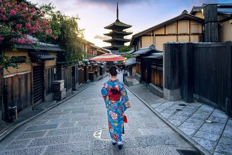 Asian woman wearing japanese traditional kimono at Yasaka Pagoda