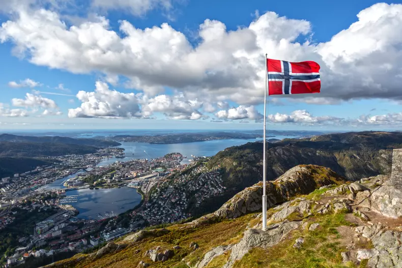 Aerial,View,Bergen,.mount,Floyen,Viewpoint,And,Norway,Flag,In