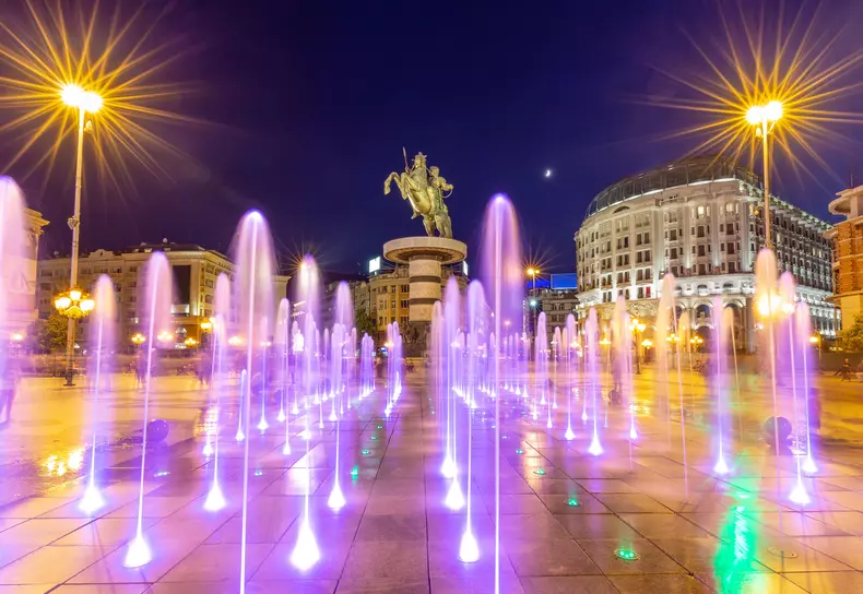 JPG 001 - Square Macedonia at night with dancing illuminated fountains and statue of Alexander the Great