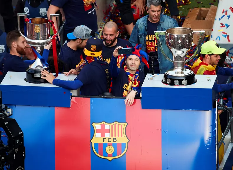 FC Barcelona's players greet supporters after Primera Division Championship victory