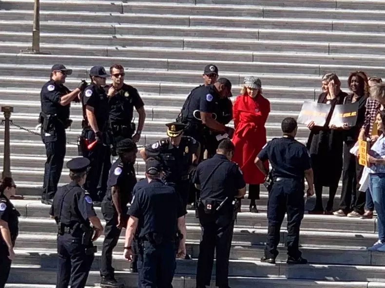 Actress Jane Fonda Gets Arrested Along With Some Other Protesters On The Steps Of The Capital Building In Washington DC While Speaking Out Against Climate Change
