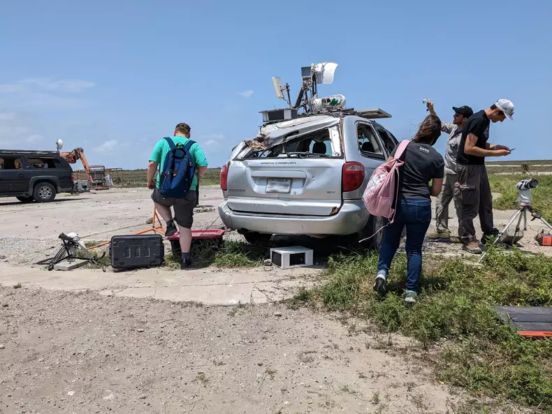 Boca Chica, United States. 22nd Apr, 2023. A major piece of debris damages a mini van near the Space X Starship launch pad at Star Base, in Boca Chica, Texas on Saturday, April 22, 2023. Starship exploded shortly after takeoff on April 20. Photo by Thom B
