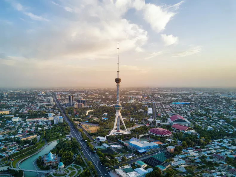 Tashkent,Tv,Tower,Aerial,Shot,During,Sunset,In,Uzbekistan,Taken