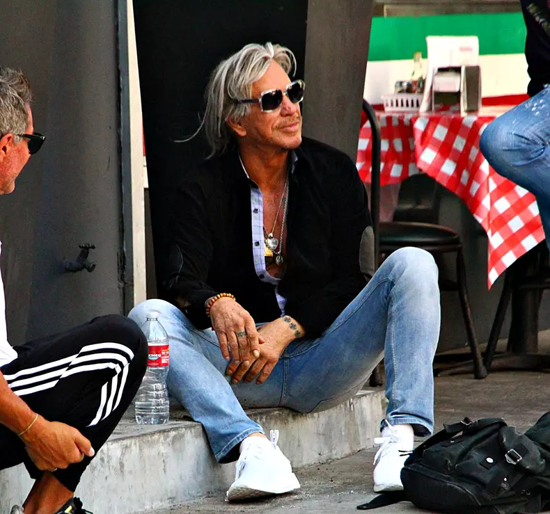 Mickey Rourke Seen Sitting On Sidewalk Talking to Pals