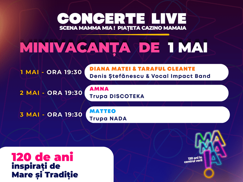 Program de 1 mai 2026 în Piațeta Cazino din Mamaia
