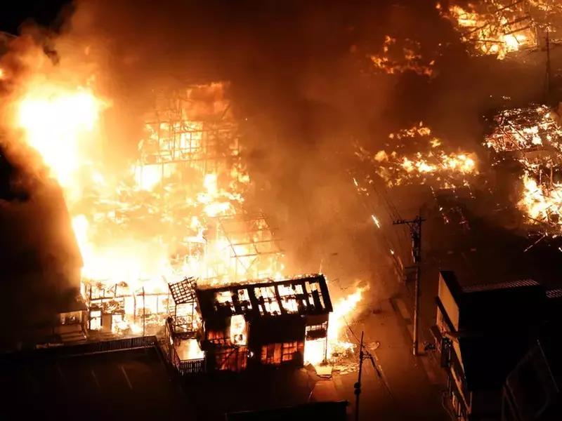 Mai multe clădiri ard după cutremur în orașul Wajima, prefectura Ishikawa, la 1 ianuarie 2024. Foto: Profimedia