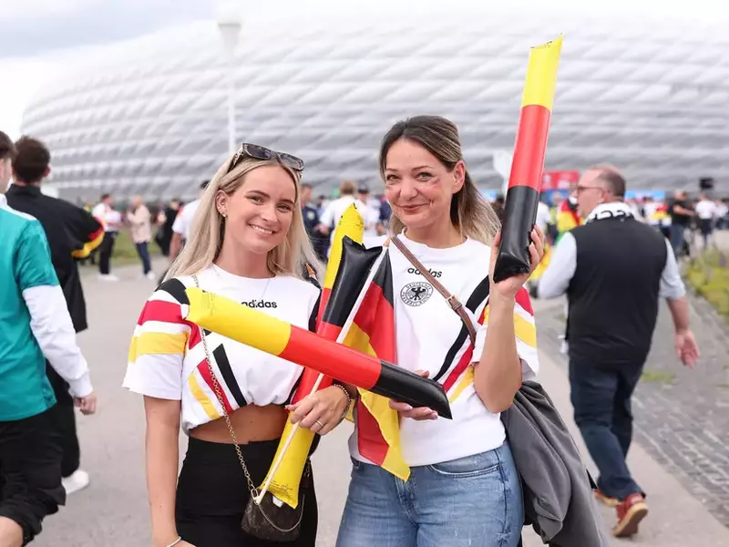 Munich, Germany, 14th June 2024. German fans arriving before the UEFA European Championships match at Allianz Arena, Mun