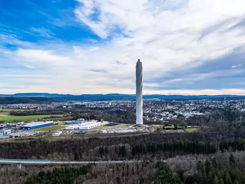 TK elevator test tower Rottweil, Germany, 2nd Mar 2024:The 246 meter high lift test tower was built by Thyssenkrupp betw